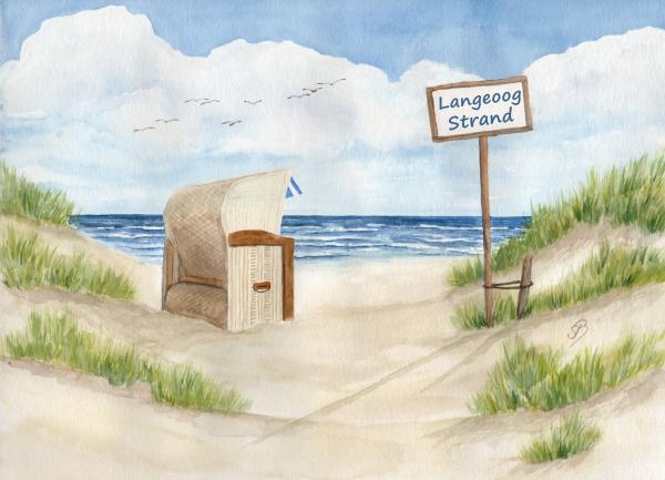 Postcard DIN-A6 Watercolor Art Print Beach Chair Sunset North Sea Island Langeoog Sunset Beach Ocean Dunes Seagulls